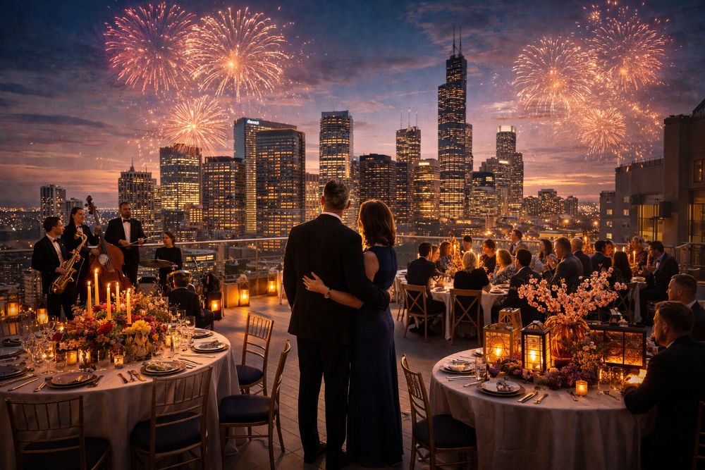 A rooftop anniversary gala. AI Image.